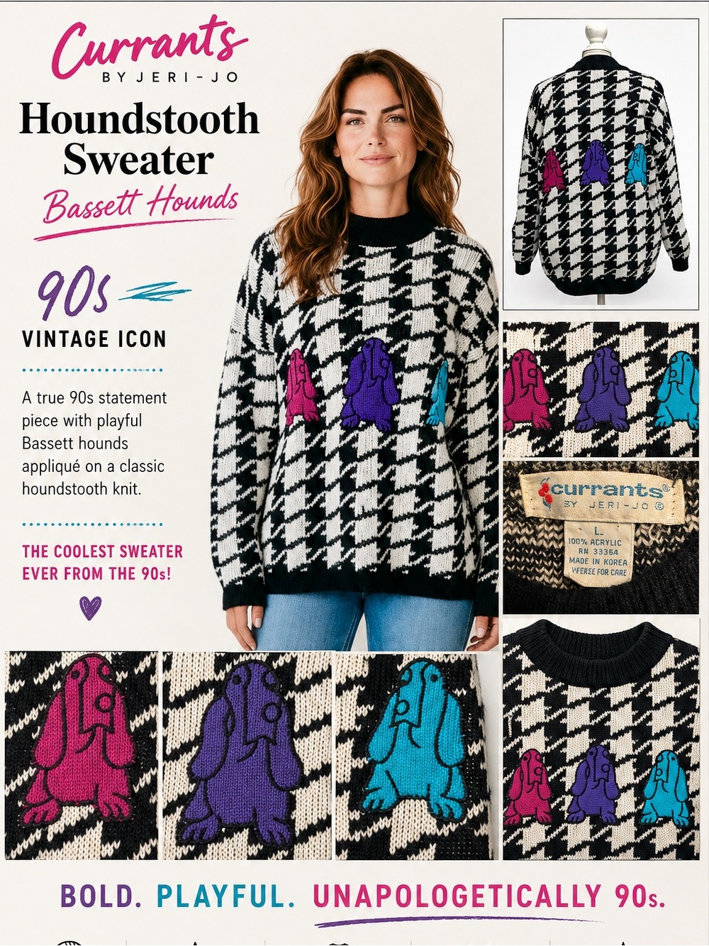 Currants by Jeri-Jo Black and White Houndstooth Sweater Basset hounds dogs